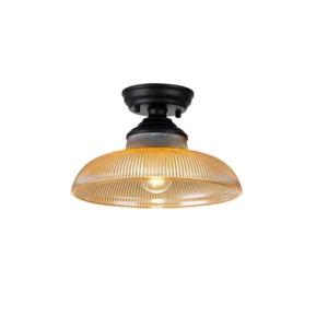 MISSOURI 1 LIGHT FLUSH CEILING LIGHT WITH ROUND 30CM GLASS SHADE MATT BLACK & AMBER