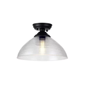 MISSOURI 1 LIGHT FLUSH CEILING LIGHT WITH ROUND 33 5CM PRISMATIC EFFECT GLASS SHADE MATT BLACK & CLEAR