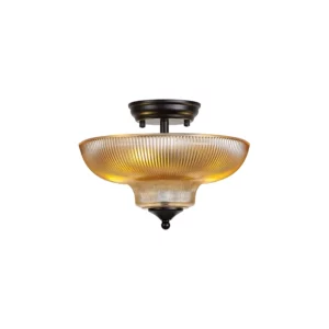 MISSOURI 2 LIGHT SEMI FLUSH CEILING LIGHT WITH ROUND 30CM GLASS SHADE MATT BLACK & AMBER