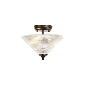 MISSOURI 2 LIGHT SEMI FLUSH CEILING LIGHT WITH CONE 30CM GLASS SHADE MATT BLACK & CLEAR