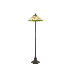 DISCOVERY DRESDEN 2 LIGHT OCTAGONAL FLOOR LAMP WITH 40CM TIFFANY SHADE - AGED ANTIQUE BRASS WITH GREEN, CREAM AND CRYSTAL SHADE